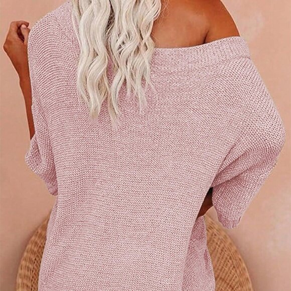 Pink Casual Women's Pure Color Asymmetric Neck Drop Sweater And Knitted Shorts - Picture 2 of 4